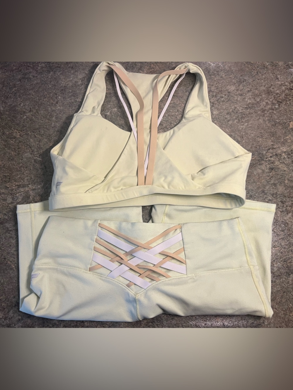 Light Yellow Fabletics Boost Sports Bra and Shorts Set XL